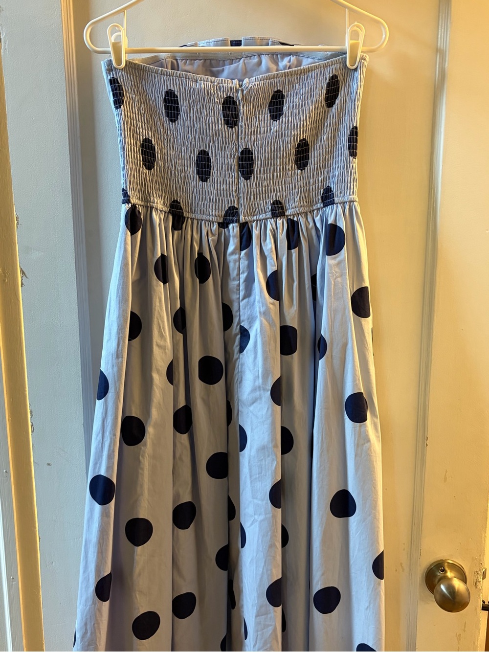 entro Strapless Light Blue Dress with Navy Polka Dots Midi Silhouette - Picture 4 of 5